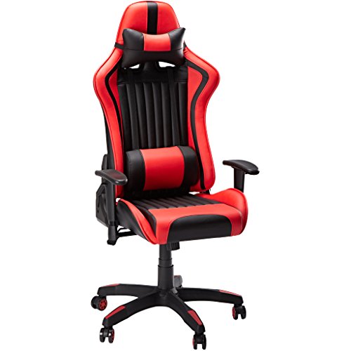 SLYPNOS - Gaming stuhl Racing Stuhl ergonomischer Bürostuhl gaming schreibtischstuhl drehstühle PU-Lede mit abnehmbarem Nackenkissen einstellbaren Rücklehne Armlehnen für Haus Büro, Rot und Schwarz