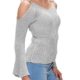 Hachiro Damen Strickpullover V-Neck Cold Shoulder Pullover (L/XL, Grey)