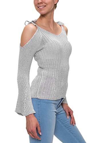 Hachiro Damen Strickpullover V-Neck Cold Shoulder Pullover (L/XL, Grey)