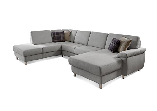 Eckcouch "Winstono" / Federkern Sofa mit Bettfunktion und verstellbarer Rückenlehne / Longchair rechts / Microfaser / Hellgrau / 317 x 220 x 88 (L x B x H)