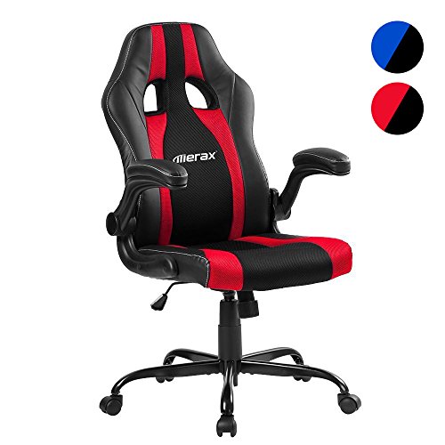 Merax® Racing Stuhl Bürostuhl Gaming Stuhl Schreibtischstuhl Sportsitz Drehstuhl Chefsessel PU Kunstleder Armlehnen einstellbar, 50 x50 x 106-116cm, Schwarz+Rot/Blau