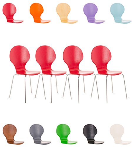 CLP 4x Stapelstuhl DIEGO ergonomisch geformter Konferenzstuhl mit Holzsitz und stabilem Metallgestell | 4x Platzsparender Stuhl mit pflegeleichter Sitzfläche | In verschiedenen Farben erhältlich Rot