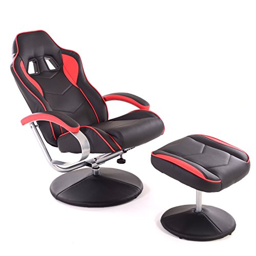 Racing TV Sessel mit Hocker aus Kunstleder in schwarz-rot ergonomisch geformt kippbar und 360° drehbar