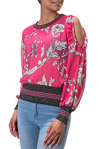 Hachiro Damen Langarmshirt Blusenshirt Bluse Tunika Print (S, Fuxia)