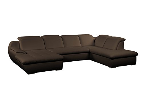 Cavadore Wohnlandschaft Claanc in Lederoptik mit XL Longchair und  Kopfteilverstellung / Braunes Sofa in U-Form mit verstellbaren Kopfstützen und hochwertigem Kunstleder / Modernes Design / Maße: 345x77x220 cm (BxHxT) / Kunstleder in braun