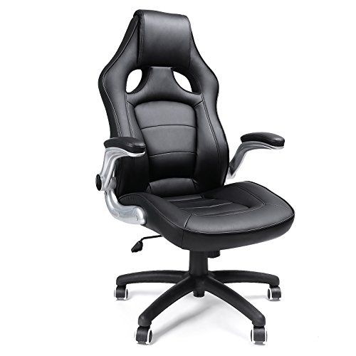 SONGMICS Racing Stuhl, ergonomischer Bürostuhl mit klappbaren Armlehnen und hoher Rückenlehne, höhenverstellbar, schwarz, OBG62B