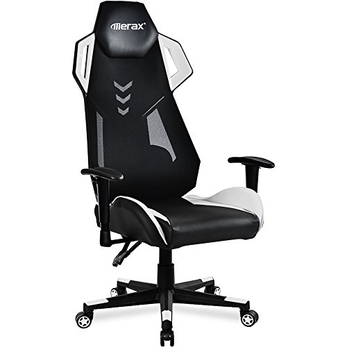 Merax Gaming Stuhl Racing Stuhl Schreibtischstuhl Bürostuhl mit Kunstlederbezug/Air Mesh/verstellbare Armlehnen& Rückenlehne/Vier Farbauswahl (Weiß)