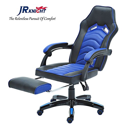 JR Knight Gaming Stuhl, Renovierungs Diamant Streifen Design Home Office Computer Racing Leder exklusive Drehstuhl mit Liege, flexibale Armlehne und Fußstütze (blau, lc-02bkbl))