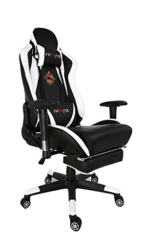 Ficmax Groß Hohe Rückenlehne Ergonomisch Sportsitz Gaming Stuhl Chefsessel mit Massage Lendenwirbelstütze und Verstellbar Fußstütze - weiß / schwarz