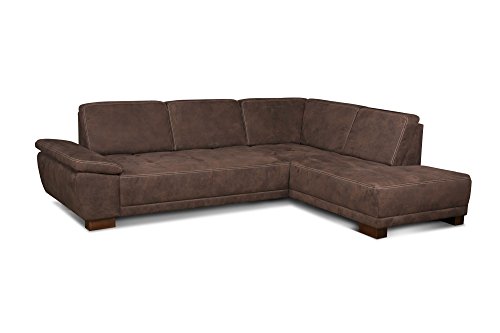 Cavadore Eckcouch Cytaro in Wildlederoptik und Kontrastnaht / Sofa L-Form mit Ottomanen rechts / Inkl. verstellbarer Sitztiefe und Armlehne / Größe: 281 x 84 x 218 cm (BxHxT) / Farbe: Braun