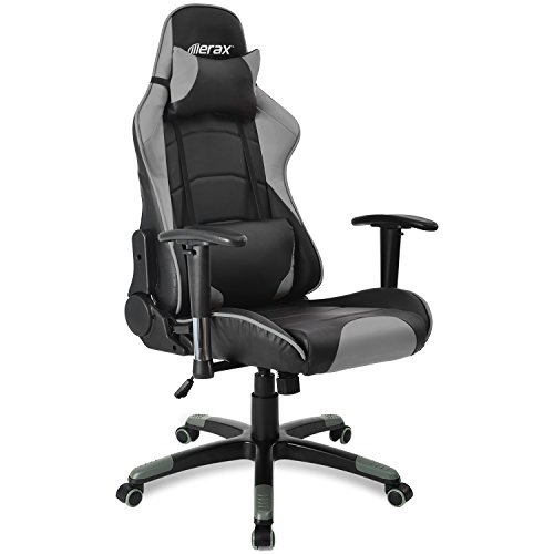 Merax Gaming Stuhl Racing Stuhl Schreibtischstuhl mit Kunstlederbezug/verstellbare Armlehnen& Rückenlehne/Vier Farbauswahl (Schwarz - Grau)