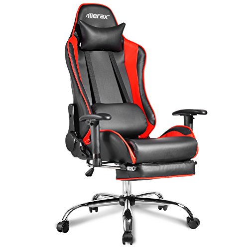 Merax Gamingstuhl Racing Bürostuhl Schreibtischstuhl Ergonomische Stuhl mit Fußstütze Chefsessel mit Kissen Sportsitz Bürostuhl Belastbar bis 150kg Schwarz-rot