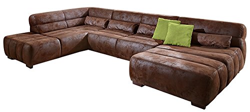 Cavadore Wohnlandschaft Scoutano mit Longchair links und Ottomanen rechts in Antiklederoptik / XXL-Couch in U-Form im Industrial Design / Größe: 363 x 76 x 227 cm (BxHxT) / Bezug in Antik Chocco (braun) / Holzfüße in antik