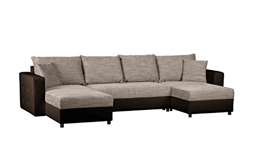 Schlafcouch mit Bettkasten / Recamiere rechts oder links montierbar / Wohnlandschaft mit Strukturstoff und Kunstleder / Ecksofa in Cappuccino / 309 x 163 x 69 cm (B x T x H)