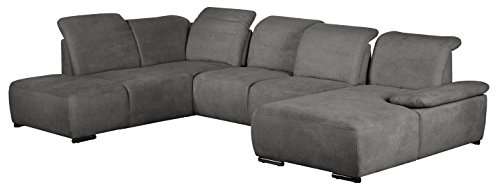 Cavadore Wohnlandschaft Tabagos / U-Form mit Ottomane links / XXL Couch mit Sitztiefenverstellung / Kopfteilverstellung / 364 x 85-96 x 248 (B x H x T) / Farbe: Fango (grau)