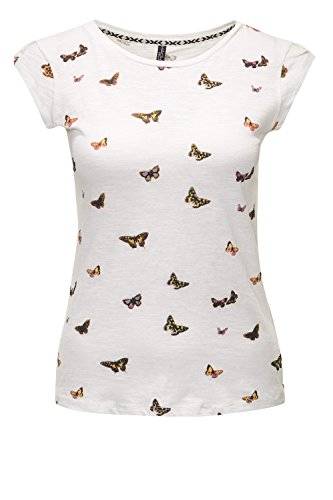 Hachiro Damen T-Shirt Kurzarmshirt Shirt Stretch Print (XS, Offwhite/AOP Butterfly)