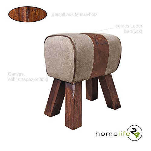 Sitzhocker Vintage Hocker für Ihr Wohnzimmer Schlafzimmer Flur Baumwolle und Leder mit Beschriftung Unikat unterteil aus Massivholz