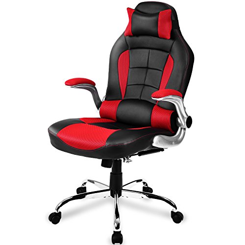 Merax Racing Stuhl Gaming Stuhl Sportsitz Bürostuhl Ergonomische Design PU Kunstleder Rücklehne Armlehnen einstellbar, schwarz/rot