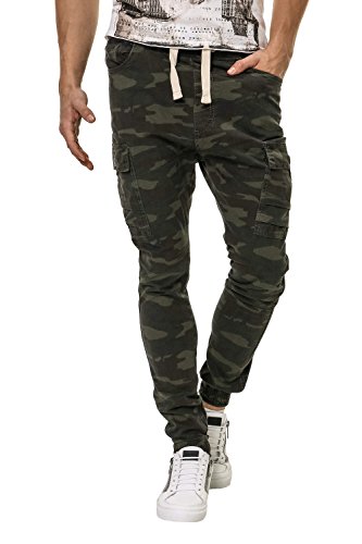 Hachiro Herren Jogger Jeans Cargohosen Print (W36, Khaki)