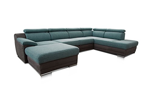 Cavadore Wohnlandschaft Xenit mit Bettfunktion verstellbaren Kopfstützen / XXL Couch mit Bett in U-Form / Ottomane und Longchair / Modernes Design / Größe: 338 x 81 x 215 cm (BxHxT) / Farbe: Türkis - Grau