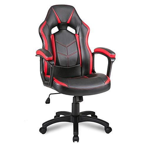 Merax Schreibtischstuhl Racing Stuhl Gaming Stuhl Bürostuhl Sportsitz Drehstuhl PU Kunstleder, Schwarz+Rot/Blau (Rot)