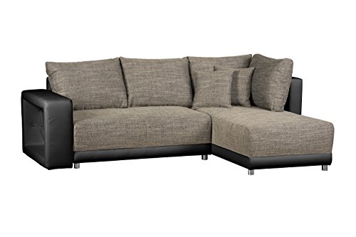 Wohnlandschaft L Form, mit Federkern / Sofa mit Schlaffunktion und Bettkasten / Mit Struktursstoff und Kunstleder in Grau-Schwarz / Mit Ottomane links oder rechts / 232 x 164 x 69 cm (B x T x H)