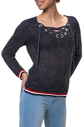 Hachiro Damen Strickpullover Lace-Up V-Neck Pullover (L/XL, Blue)