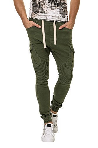 Hachiro Herren Jogger Jeans Biker Style Denim (W30, Khaki)