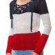 Hachiro Damen Strickpullover Lace-Up V-Neck Pullover (L/XL, Blue/White/Red)