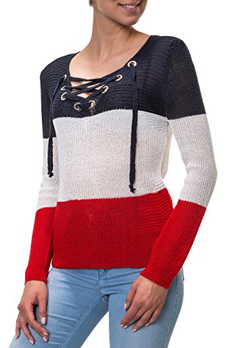 Hachiro Damen Strickpullover Lace-Up V-Neck Pullover (L/XL, Blue/White/Red)