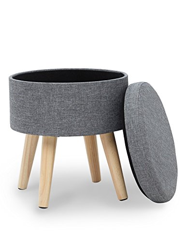 Suhu Hocker Fußhocker Schemel Ottoman Polsterhocker Aufbewahrung Kinder Rund Klein Modern Wohnzimmer mit Deckel Holzbeine Grau