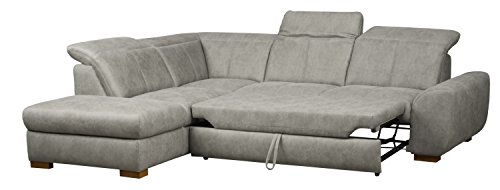 CAVADORE Ecksofa Bules mit Bett/Großes Schlafsofa mit Ottomane links/Inkl. verstellbarer Kopfteile/274 x 81 x 232 (BxHxT)/Lederoptik hellgrau