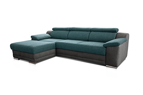 CAVADORE Ecksofa Xenit mit Bett und Kopfteilverstellung/Eckcouch mit Schlaffunktion und Wellenunterfederung/Modernes Design/Größe: 271 x 81-94 x 168 cm (BxHxT)/Farbe: Türkis - Grau