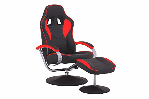 CAVADORE TV-Sessel RACER, Verstellbarer Relax Sessel mit Hocker im Rennfahrer-Design, Lederimitat Schwarz mit Apllikation Rot, Gamer-Sessel mit ergonomischer Rückenlehne, 360° drehbar, 82 x 69 x 108 cm (T x B x H)
