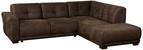 Cavadore Ecksofa "Modeo" / Sofa-Ecke mit Federkern und modernen Kontrastnähten / Hochwertiger Mikrofaser-Bezug in Wildlederoptik / Holzfüße / Maße: 261x77x214 cm (BxHxT) / Farbe: Mokka (dunkelbraun)