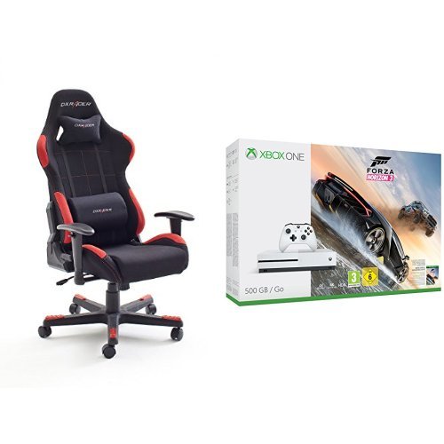 DX Racer1 Gaming Stuhl 78 x 124-134 x 52 cm, Stoffbezug schwarz / rot + Xbox One S 500GB inkl. Forza Horizon 3