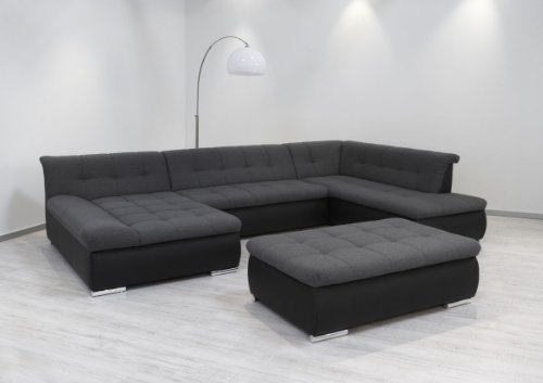 Dreams4Home Polsterecke Aulis; Sofa Wohnlandschaft Ecksofa Couch XXL Schlaffunktion anthrazit schwarz, Ausfühung Anschlag:Mit Schlaffunktion - Ottomane links;Hocker:mit Hocker