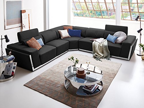 Ecksofa schwarz Leder Elma XL Couch Chrom Zierblende Polsterecke Wohnlandschaft verstellbare Kopfstützen