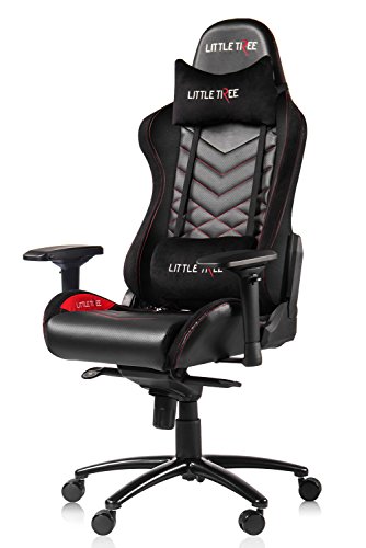 Gaming Stuhl, Schreibtischstuhl Bürostuhl mit 4D Armlehnen LITTLE TREE Bürostuhl Gaming Chair PC Stuhl aus Atmungsaktiv Kunst-Leder Kunstleder, Bonus : Extra 5 Rollen, Lendenkissen und Kopfkissen 75 x 56 x 130 cm schwarz/rot