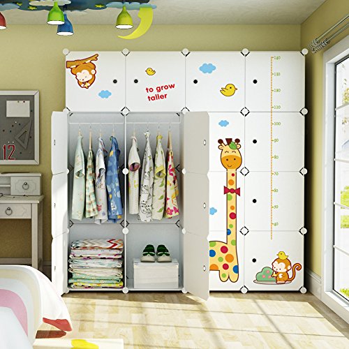 Koossy Erweiterbares Kinderregal Kinder Kleiderschrank mit Giraffe Aufkleber für Kinderzimmer (Weiß, 16 Cube)