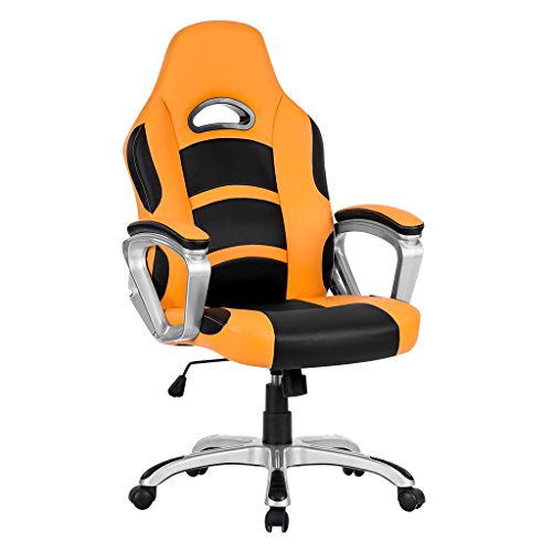 LANGRIA Gaming Stuhl Schreibtischstul PU Leder Chefsessel Bürostuhl Racer, Wippfunktion, Modernes und ergonomisches Design, Höhenverstellbar (Schwarz+Orange)