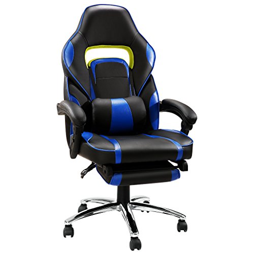 LANGRIA Schreibtischstuhl Gaming Stuhl Kunstleder Chefsessel Computer Spiel Stuhl Bürostuhl Racer, Wippkunktion, gut gepolsterte Fußstütze und Lendenkissen, Ergonomische Liege Design, Höhenverstellbar (Schwarz und Blau).