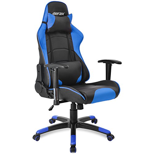 Merax Gaming Stuhl Racing Stuhl Schreibtischstuhl mit Kunstlederbezug/verstellbare Armlehnen& Rückenlehne/Vier Farbauswahl (Schwarz - Blau)