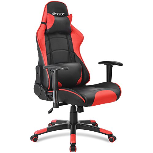 Merax Gaming Stuhl Racing Stuhl Schreibtischstuhl mit Kunstlederbezug/verstellbare Armlehnen& Rückenlehne/Vier Farbauswahl (Schwarz - Rot)