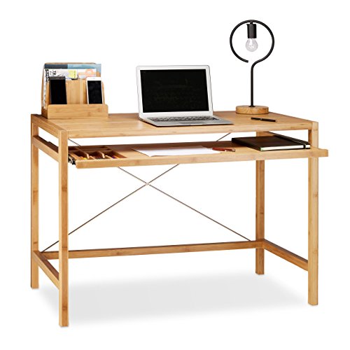 Relaxdays Computertisch Holz, Tastaturauszug, Bürotisch ausziehbar, Schreibtisch massiv, HxBxT: 76,5x106,5x55,5cm, natur