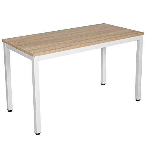 SONGMICS Schreibtisch großer Computertisch PC-Tisch für PC Bürotisch Esstisch Arbeitstisch für Home Office Arbeitsfläche verstellbare Bodengleiter modern 120 x 76 x 60 cm (B x H x T) holzfarben + weiß LWD64N