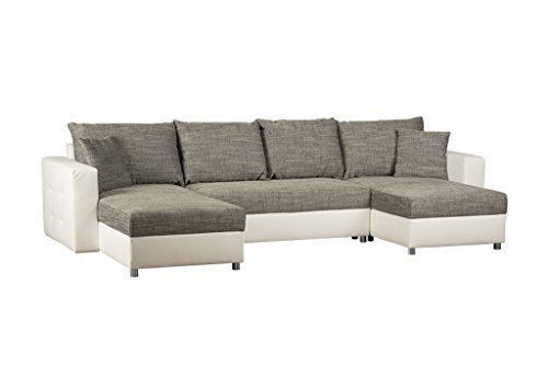 Schlafcouch mit Bettkasten / Recamiere rechts oder links montierbar / Strukturstoff und Kunstleder / Ecksofa in Grau-Weiß / 309 x 163 x 69 cm (B x T x H)