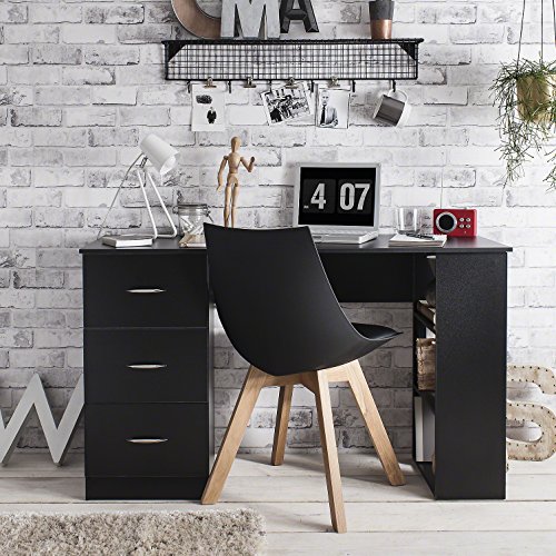 Schwarz Computertisch Schreibtisch - 3 Schubladen + 3 Regale - Arbeitstisch Bürotisch