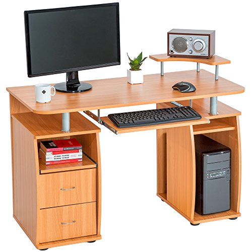 TecTake Computerschreibtisch Bürotisch mit ausfahrbarer Tastaturablage und zwei Schubladen - diverse Farben - (Buche | Nr. 401667)