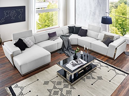 Wohnlandschaft XXL weiß Leder Elma Couch Chrom Zierblende Polsterecke Ottomane verstellbare Kopfstützen (Spiegelverkehrt)